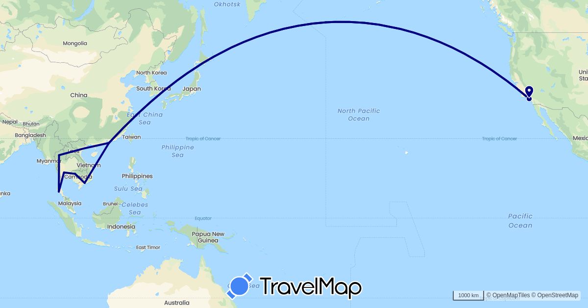 TravelMap itinerary: driving in China, Cambodia, Thailand, United States, Vietnam (Asia, North America)